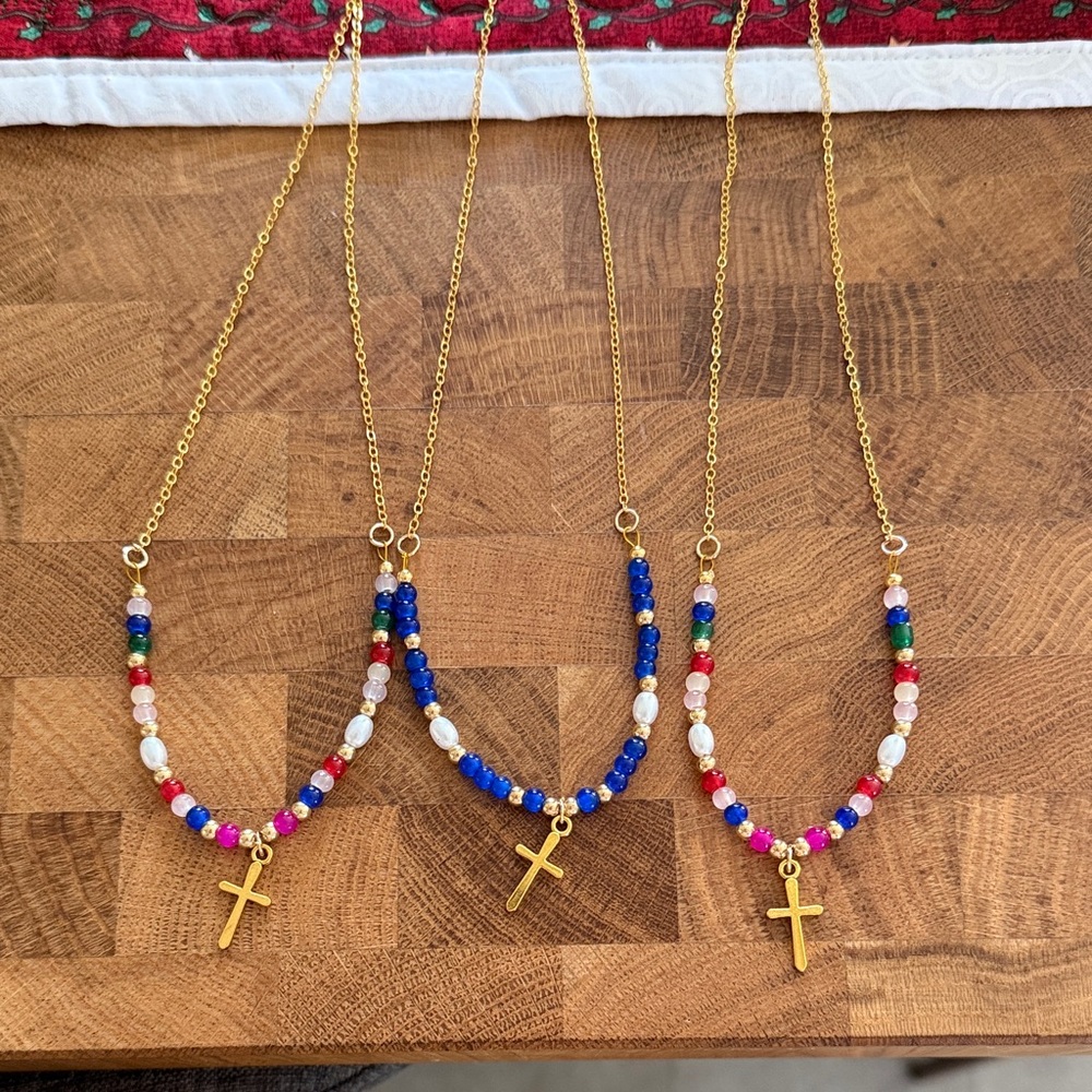 Gold Cross Pendant Necklace with Multicolor Beads